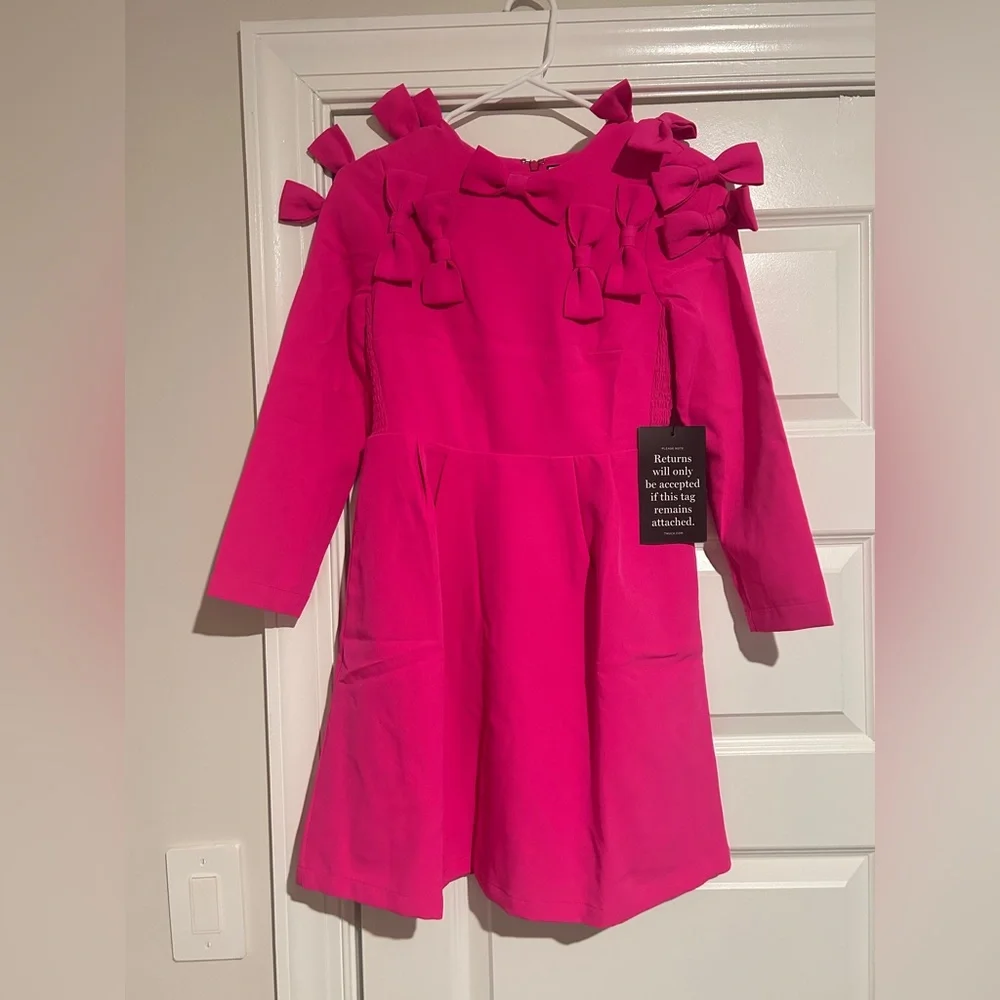 Tuckernuck x Cameran Eubanks Wimberly Hot Pink Bow Detail Long Sleeve Mini Dress - Picture 2 of 3